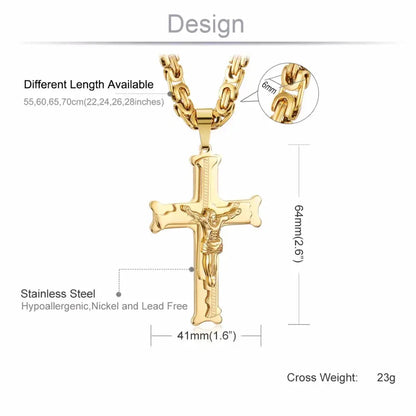 Gold Color Stainless Steel Jesus Cross Pendant Necklace 6mm Link Byzantine Chain Necklace Long Heavy Men Jewelry collares MN68 FZwear