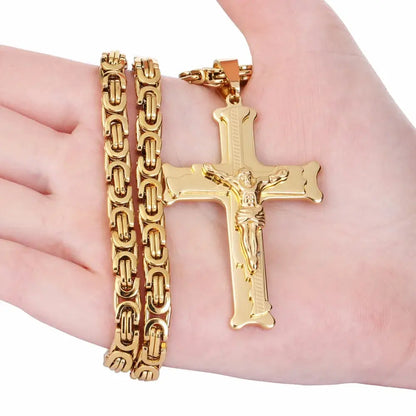 Gold Color Stainless Steel Jesus Cross Pendant Necklace 6mm Link Byzantine Chain Necklace Long Heavy Men Jewelry collares MN68 FZwear