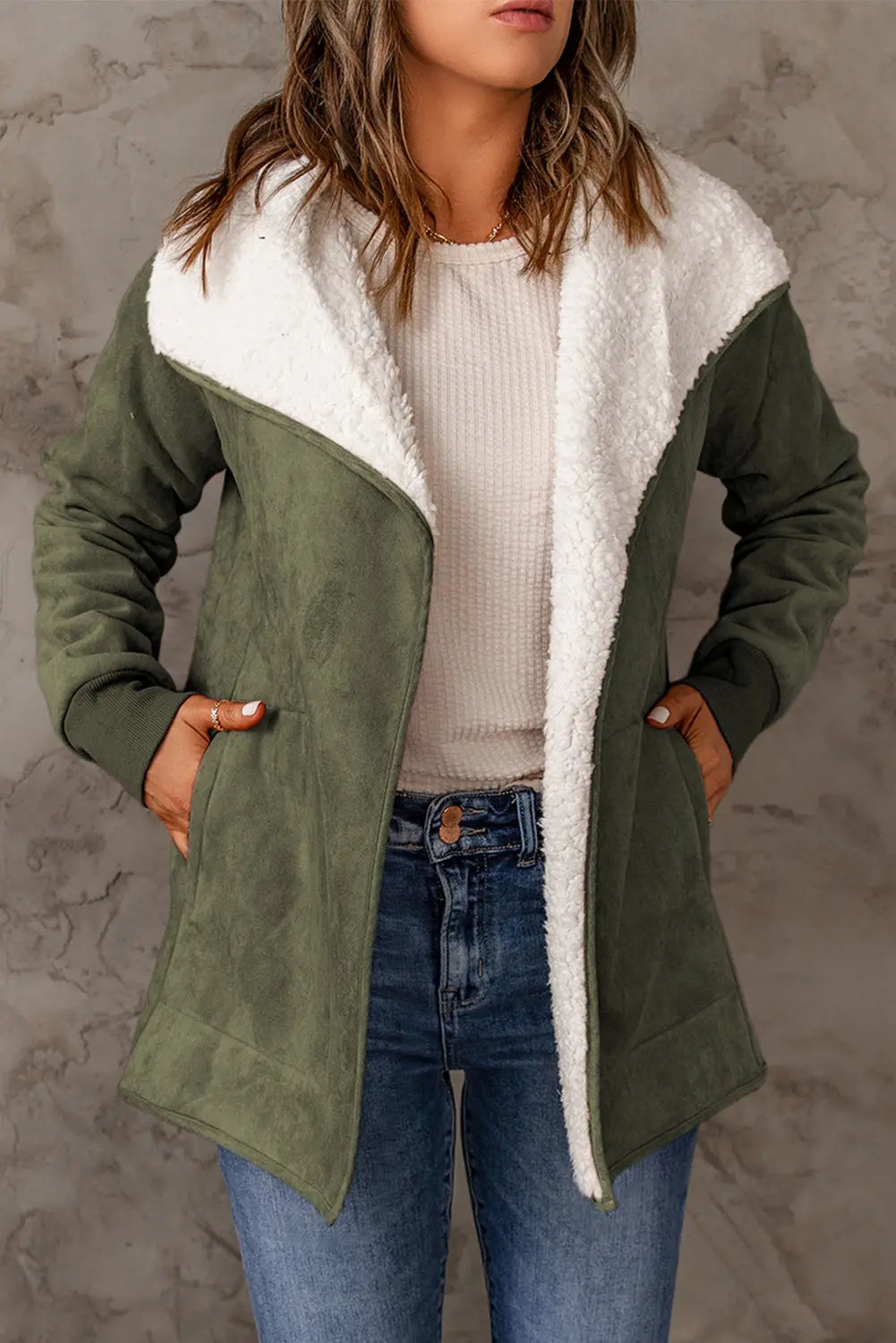 Green Faux Suede Fleece Lined Open Front Jacket FZwear