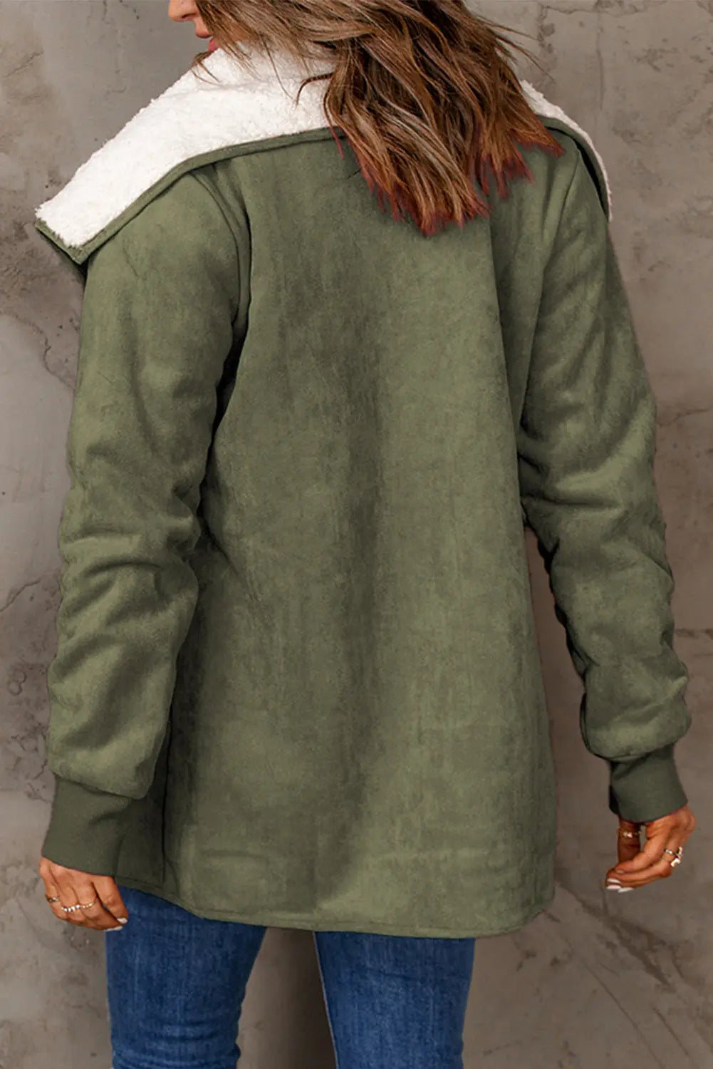 Green Faux Suede Fleece Lined Open Front Jacket FZwear