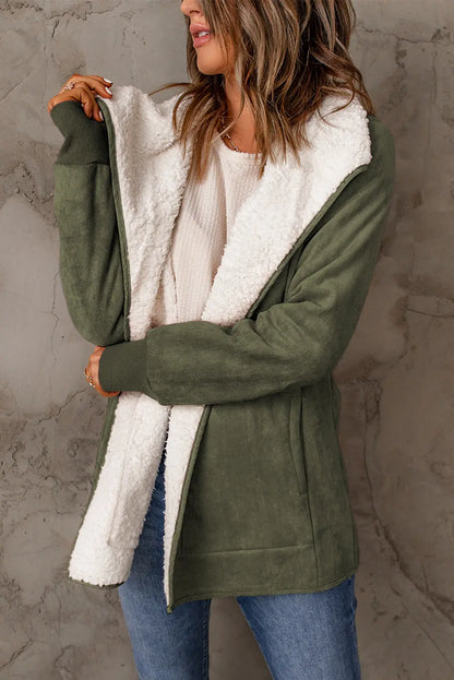 Green Faux Suede Fleece Lined Open Front Jacket FZwear