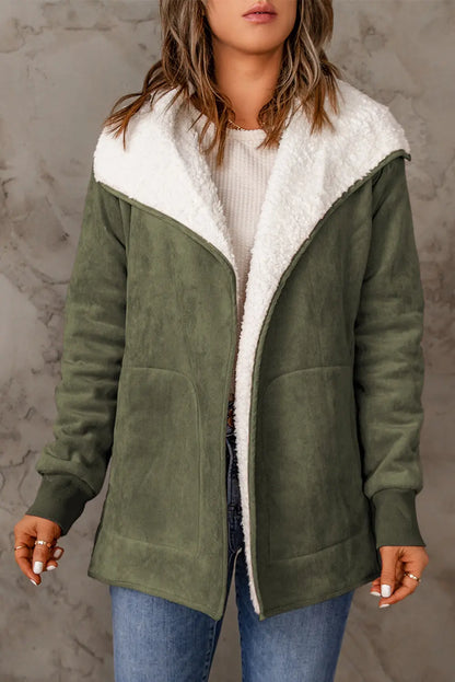 Green Faux Suede Fleece Lined Open Front Jacket FZwear