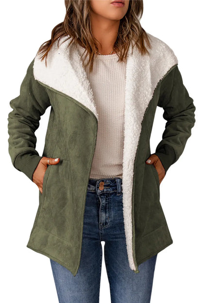 Green Faux Suede Fleece Lined Open Front Jacket FZwear