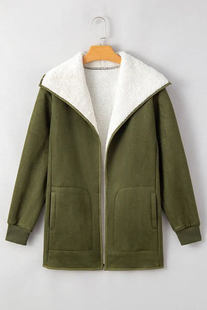 Green Faux Suede Fleece Lined Open Front Jacket FZwear