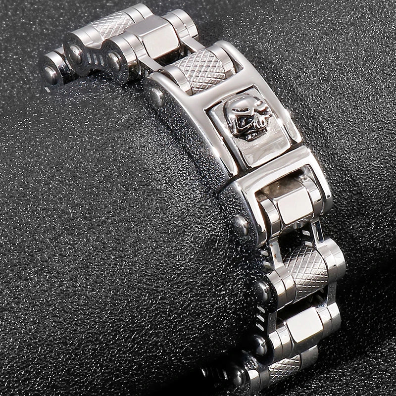 FZ Men's Skull 16MM Wide Stainless Bicycle Link Bracelet