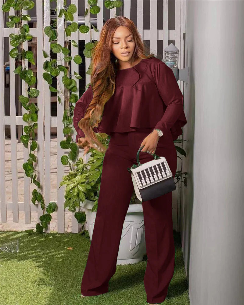 FZ Women's Ruffle Wear Wide Leg Two Piece Pants Suit