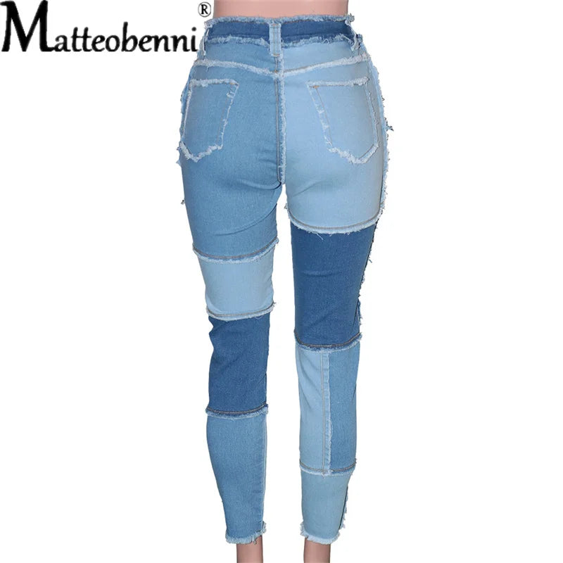 FZ Women's Patchwork Slim Fit Stretch Skinny High Waist Pencil Denim Pants