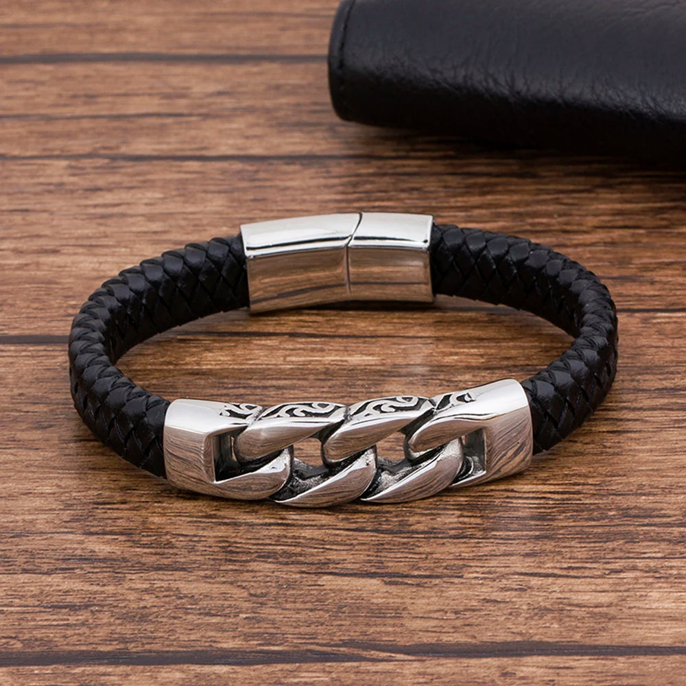 FZ Men's Leather  Black Stainless Steel Magnetic Bracelet
