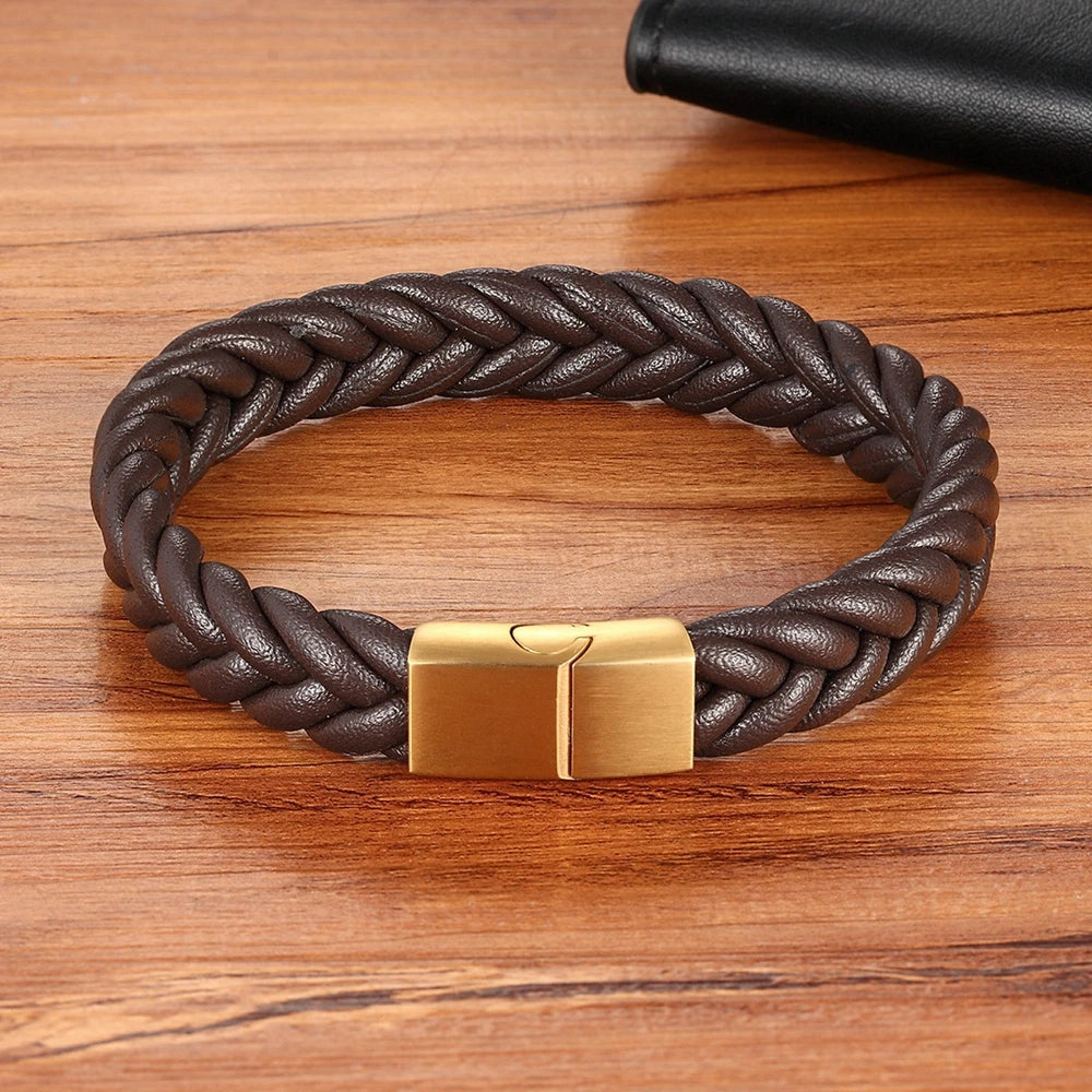 FZ Unisex Classic Style Stainless Steel Leather Bracelet - FZwear