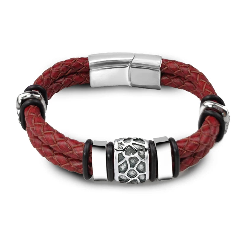 FZ Men's Stainless Steel Irregularly Cracked Genuine Braided Leather Bracelet