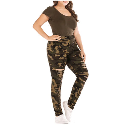 Plus Size Ripped Hole Camouflage Printing Elasticity Leggings 4Xl 5Xl High Waist Slimming Fitness Legging Pants For Women FZwear