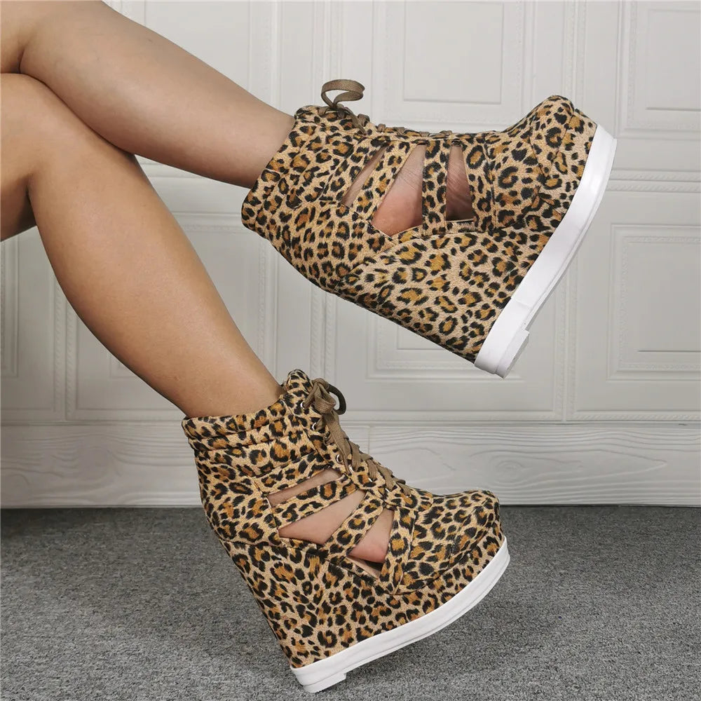 FZ Women's Cut-out Leopard Short Wedge Heel Platform High Top Sneaker Shoes
