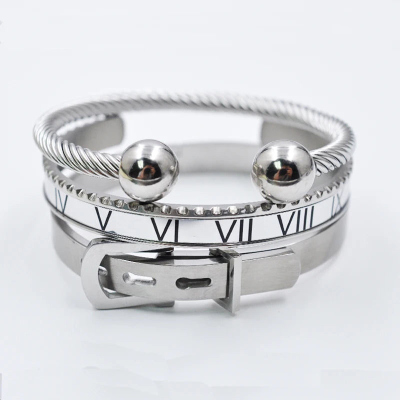 FZ 3 pcs/Set Royal Roman Numeral Belt Buckle Stainless Steel Bracelet - FZwear