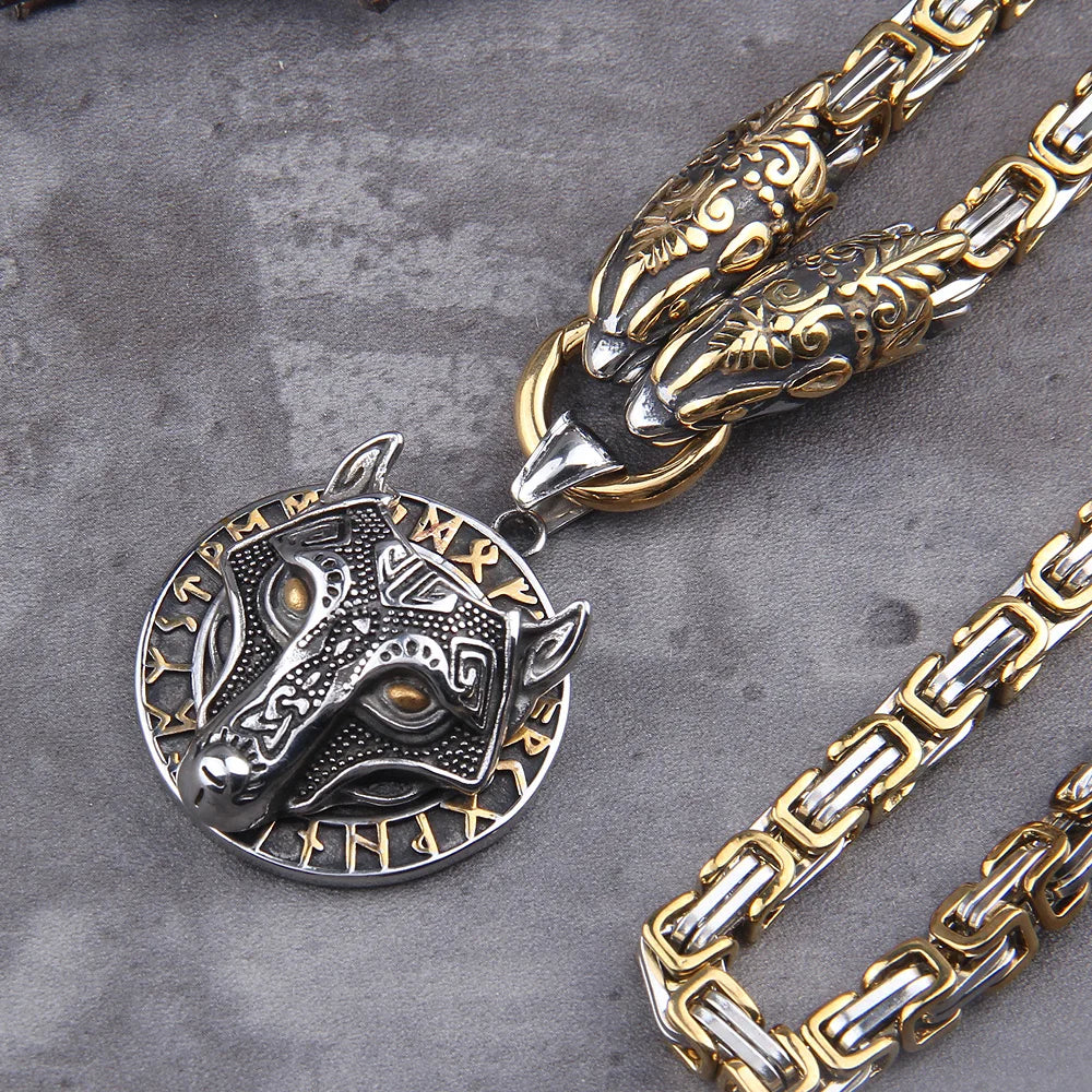 Never Fade Men stainless steel Wolf head norse viking amulet thor hammer pendant necklace viking king chain FZwear