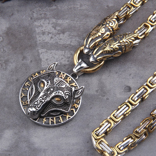 Never Fade Men stainless steel Wolf head norse viking amulet thor hammer pendant necklace viking king chain FZwear