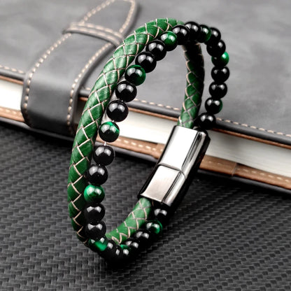 FZ Green Stone Beads Multilayer Leather Stainless Steel Bracelet - FZwear