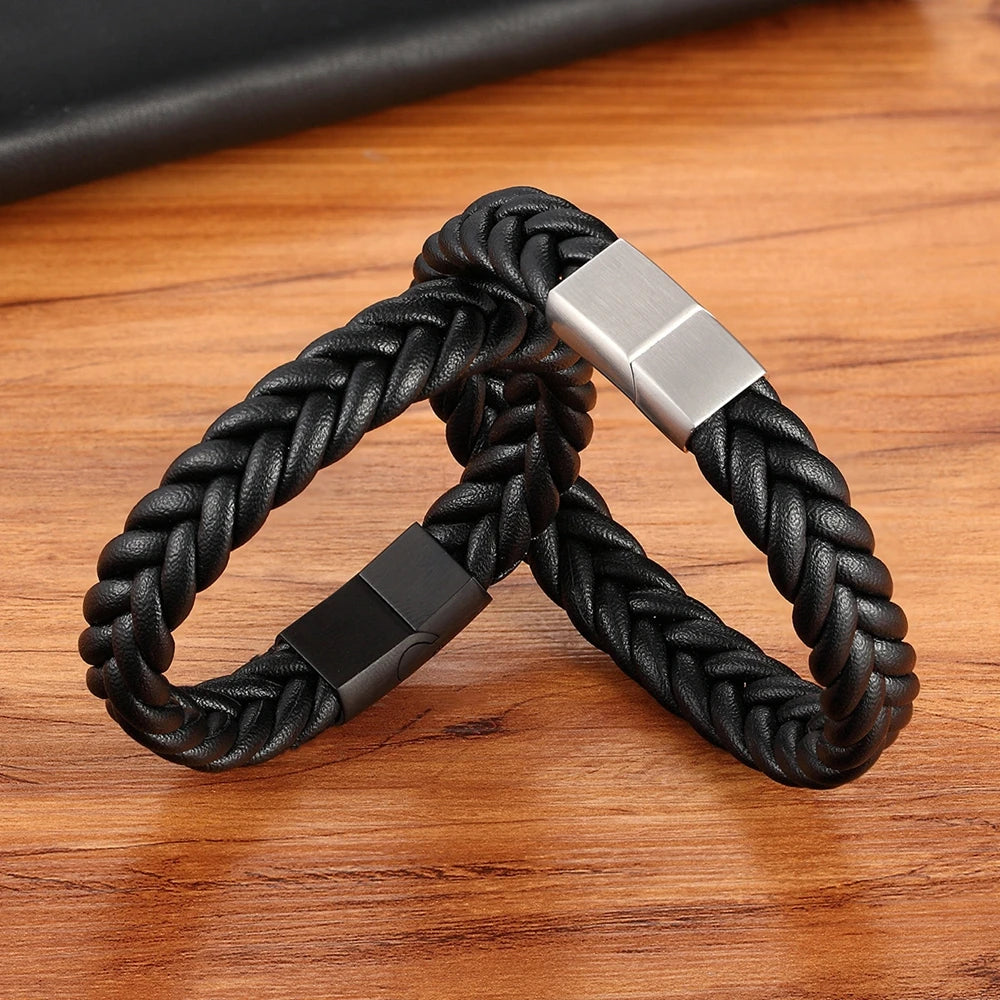 FZ Unisex Classic Style Stainless Steel Leather Bracelet - FZwear