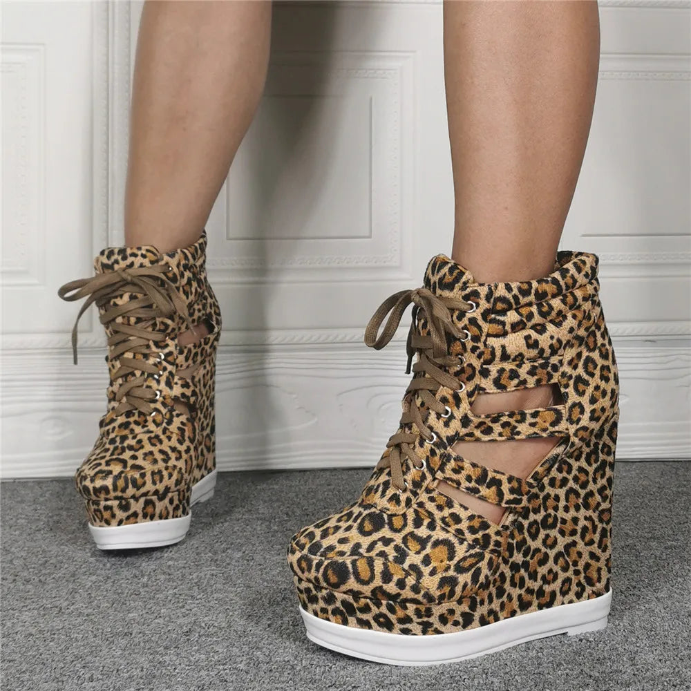 FZ Women's Cut-out Leopard Short Wedge Heel Platform High Top Sneaker Shoes