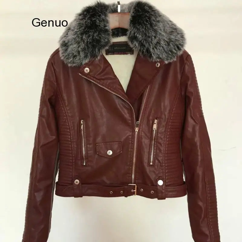 FZ Women's Winter Warm Faux Leather with Fur Collar Belt Biker Jacket - FZwear