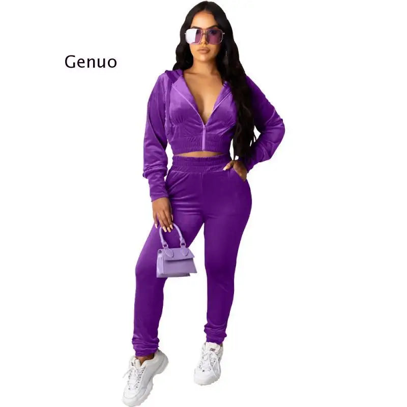 FZ Women's Hooded Suede Velvet Sexy Tracksuit Pants Two-Piece Set - FZwear