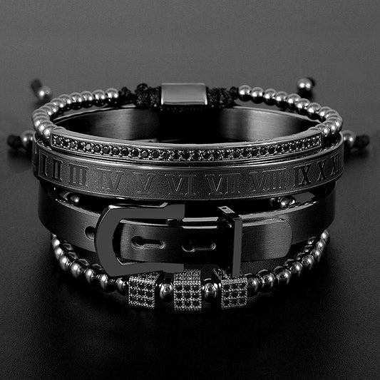 Zalman 4pcs/Set Men Titanium Steel Roman Numeral Beaded Bracelets Horseshoe Buckle Bangles Boy Pulseria Luxury Handmade Jewelry FZwear