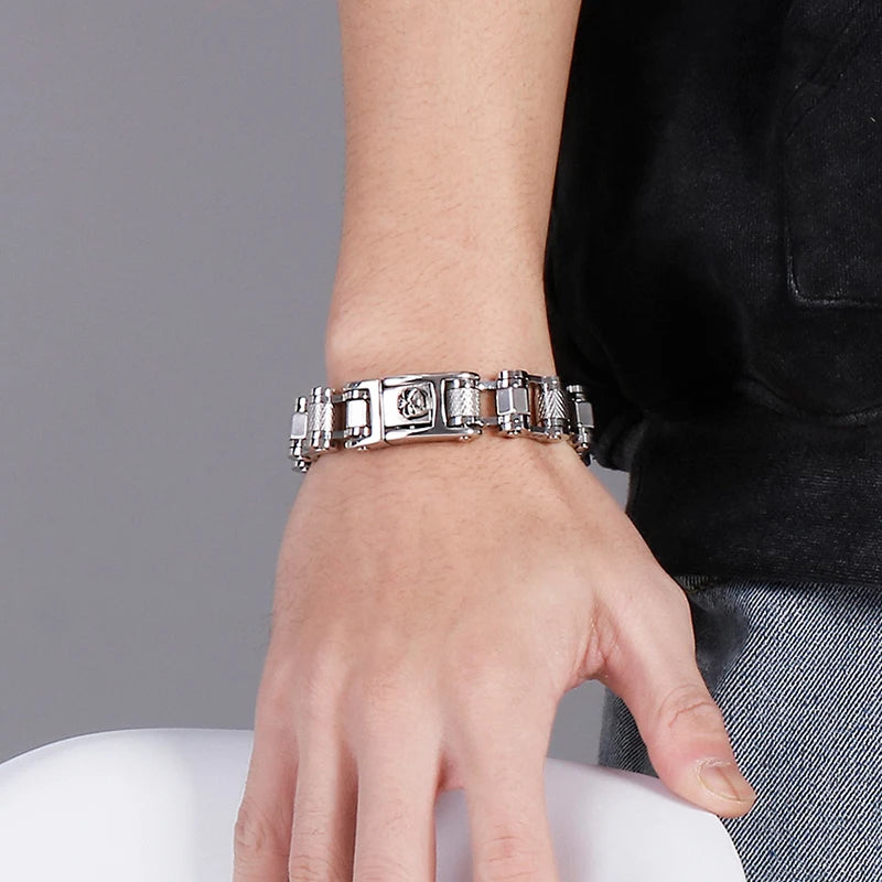 FZ Men's Skull 16MM Wide Stainless Bicycle Link Bracelet