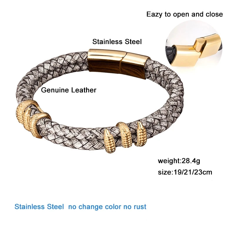 FZ Gothic Vintage Gray Braided Genuine Leather Dragon Claw Bracelet - FZwear