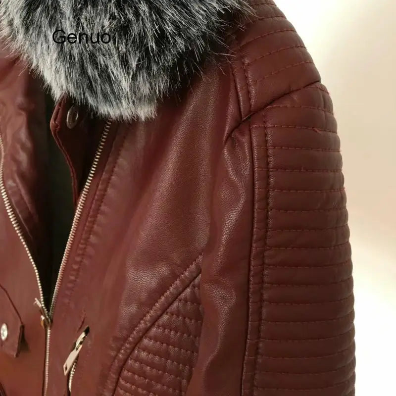 FZ Women's Winter Warm Faux Leather with Fur Collar Belt Biker Jacket - FZwear