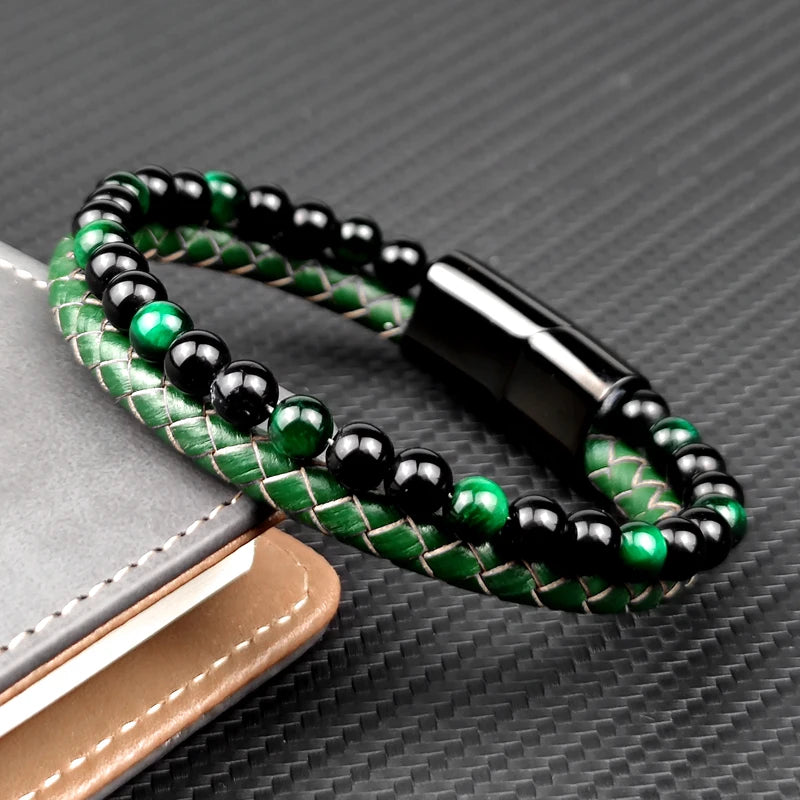 FZ Green Stone Beads Multilayer Leather Stainless Steel Bracelet - FZwear