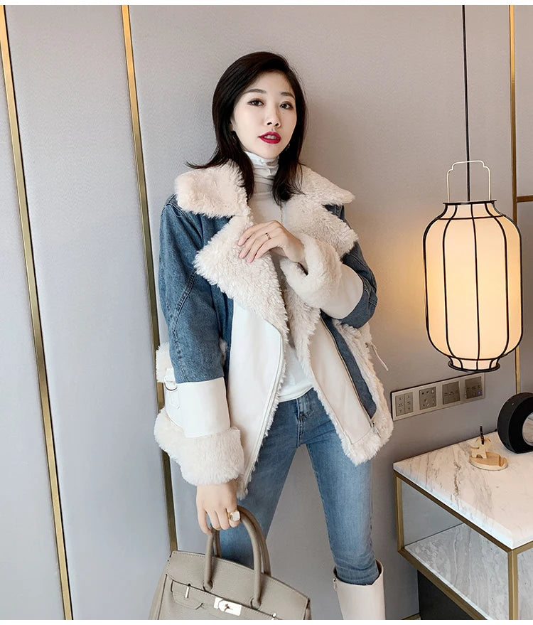 FZ Women's Faux Lamb Wool Denim Loose Plus Velvet Thick Cotton Jacket - FZwear