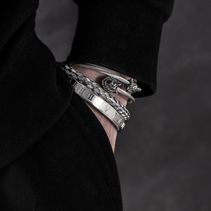 FZ Luxury Set Stainless Steel Hip Hop Wolf Head Charm Roman numerals Bracelet - FZwear