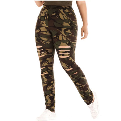 Plus Size Ripped Hole Camouflage Printing Elasticity Leggings 4Xl 5Xl High Waist Slimming Fitness Legging Pants For Women FZwear