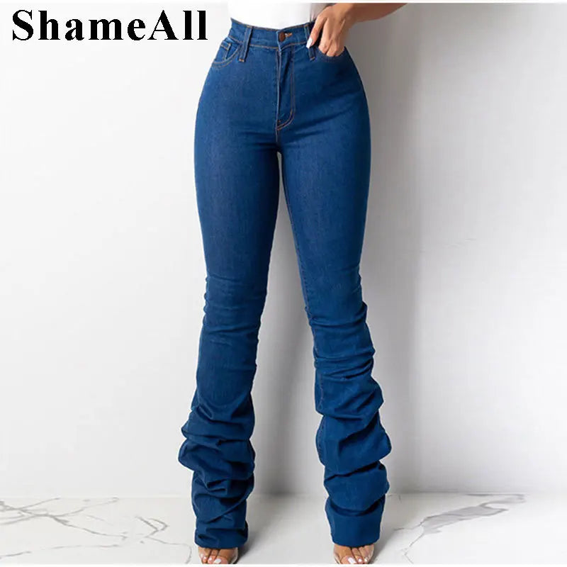 Plus Size Europe Style Stacked Flare Jeans Mom 3xl Streetwear Sexy Slim Fit Trendy Bell-bottom Denim Pants Vintage Trousers FZwear