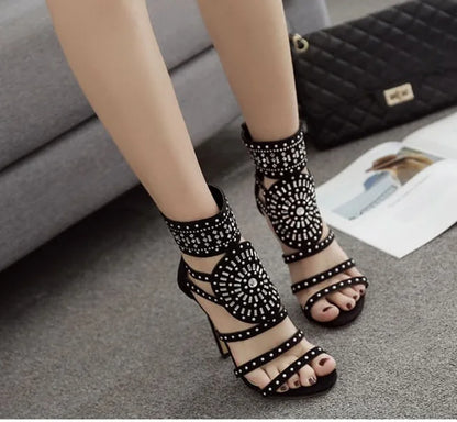 2019Hot Ethnic Open Toe Rhinestone Design High Heel Sandals Crystal Ankle Wrap Diamond Gladiator Women Sandals Black Size 35-42 FZwear