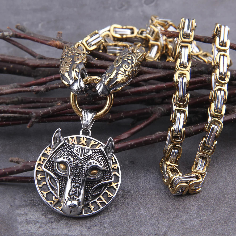 Never Fade Men stainless steel Wolf head norse viking amulet thor hammer pendant necklace viking king chain FZwear