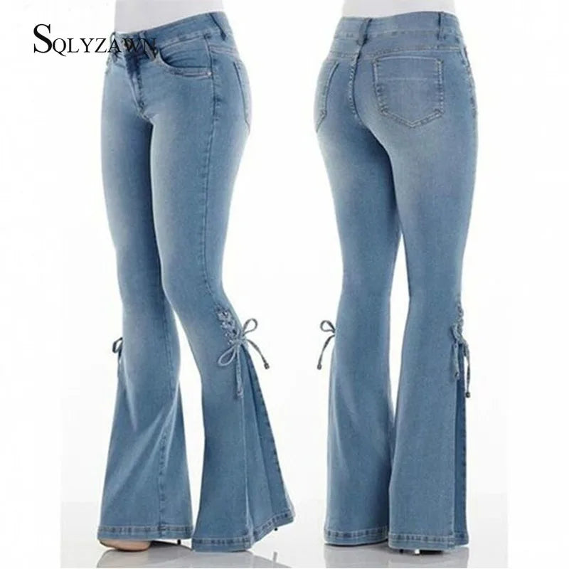 FZ Women's Streetwear Skinny Distressed Flare Lace Up Bell Bottom Denim Pants - FZwear