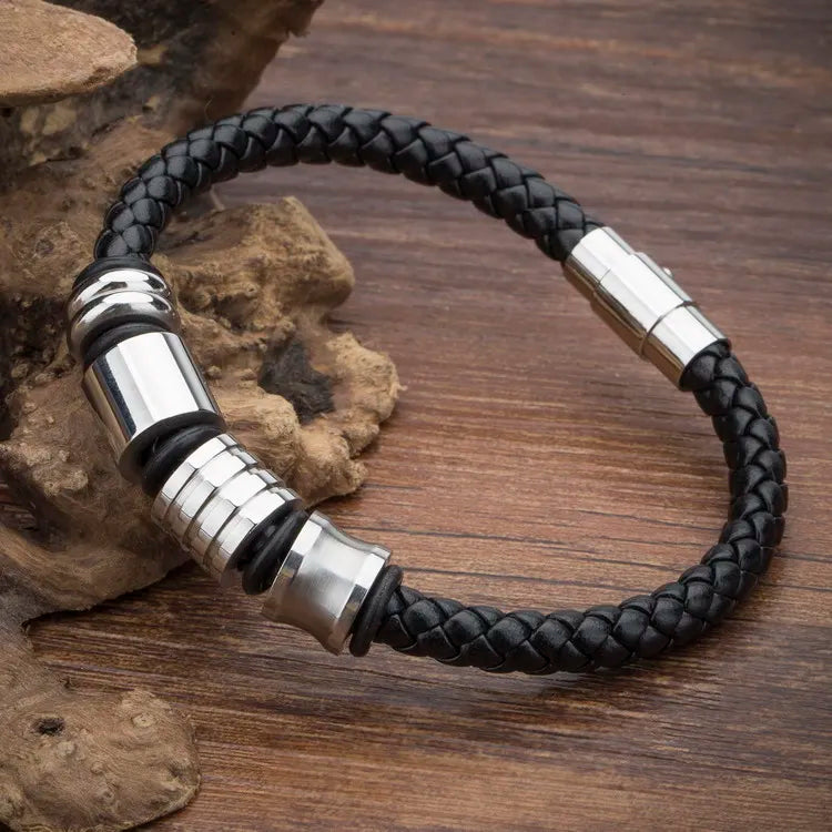 FZ Unisex Stainless Steel Vintage Charm Leather Bracelet - FZwear