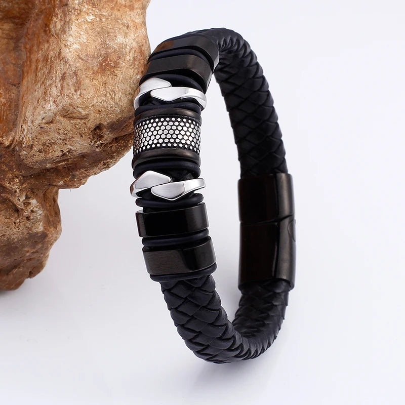 FZ Stainless Steel Wrap Genuine Leather Magnet Clasp Bracelet - FZwear