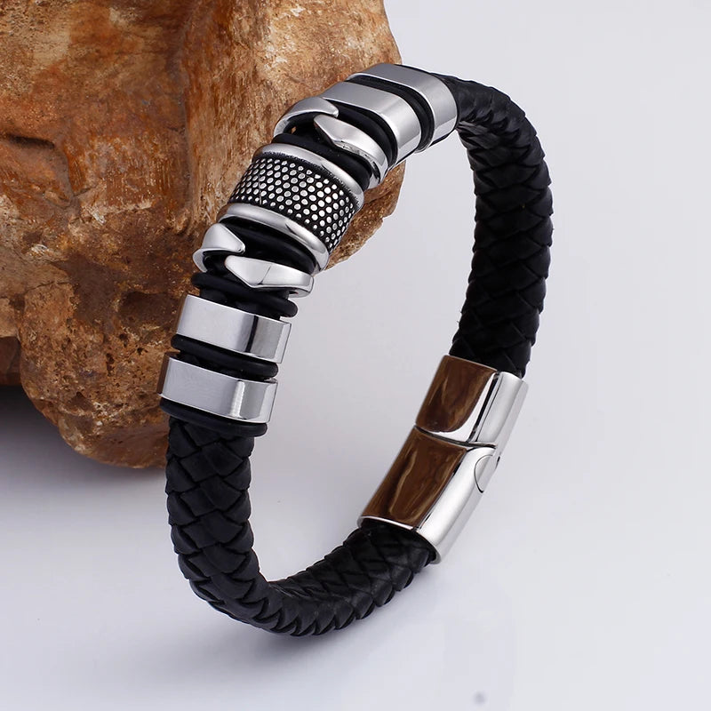 FZ Stainless Steel Wrap Genuine Leather Magnet Clasp Bracelet - FZwear