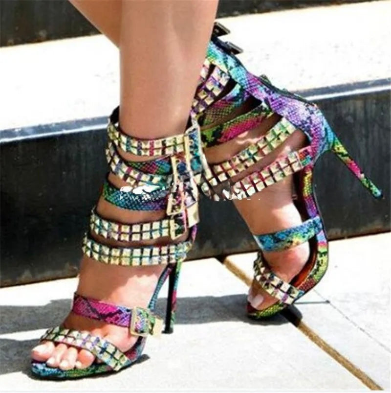 FZ Women's Metal Rivets Buckles Gladiator Stiletto Heel Sandals Shoes