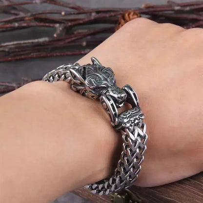 FZ Nordic Titanium Steel Retro Viking Wolf Head Bracelet