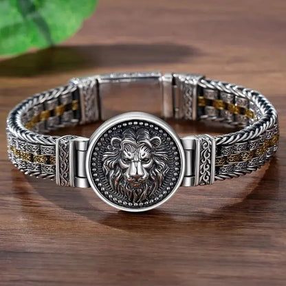 HX Silver Color Round Lion King Tangcao Bracelet Men's Trendy Retro Domineering Versatile Personalized Braided Women Jewelry FZwear