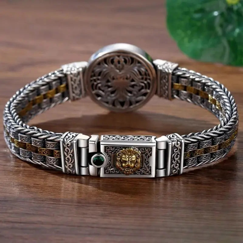 HX Silver Color Round Lion King Tangcao Bracelet Men's Trendy Retro Domineering Versatile Personalized Braided Women Jewelry FZwear