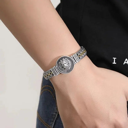 HX Silver Color Round Lion King Tangcao Bracelet Men's Trendy Retro Domineering Versatile Personalized Braided Women Jewelry FZwear