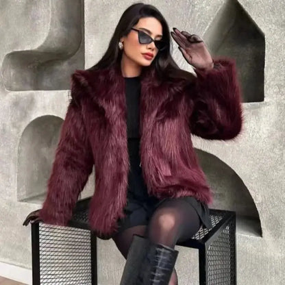 HXAO Women's Fur Coat Women 2024 Plush Burgundy Bomber Jacket Solid Crop Long Sleeve Jacket Warm Winter Coats Woman Casual Coats FZwear