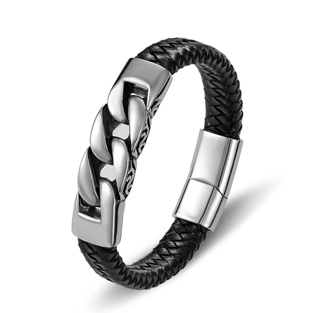 FZ Men's Leather  Black Stainless Steel Magnetic Bracelet