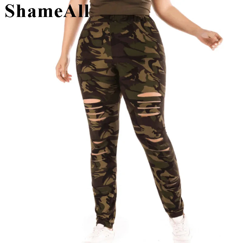 Plus Size Ripped Hole Camouflage Printing Elasticity Leggings 4Xl 5Xl High Waist Slimming Fitness Legging Pants For Women FZwear