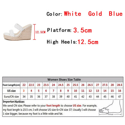 2024 New Wedges Shoes For Women Slippers Fashion Handmade Straw Rope Weave Thick Bottom Platform High Heels Sexy Golden Sandals FZwear