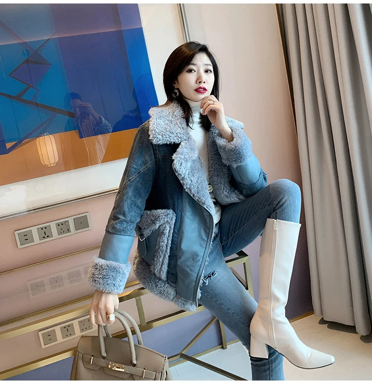 FZ Women's Faux Lamb Wool Denim Loose Plus Velvet Thick Cotton Jacket - FZwear