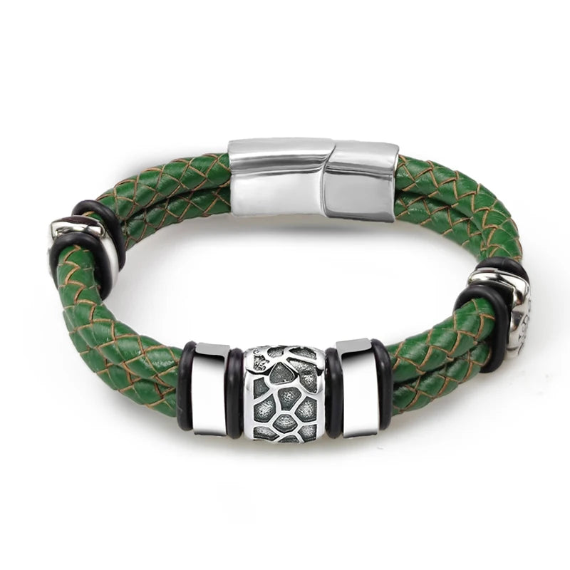 FZ Men's Stainless Steel Irregularly Cracked Genuine Braided Leather Bracelet
